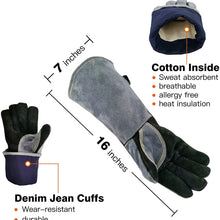 WZQH 16 Inches,932℉,Leather Forge Welding Gloves, with Kevlar Stitching Heat/Fire Resistant,Mitts for BBQ,Oven,Grill,Fireplace,Tig,Mig,Baking,Furnace,Stove,Pot Holder,Animal Handling Glove.Black-gray