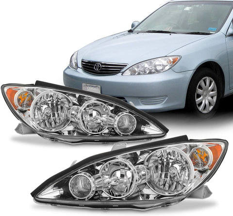 Fits 2005 2006 Toyota Camry Sedan Halogen Type Chrome Headlights Pair Replacement Left Driver + Right Passenger