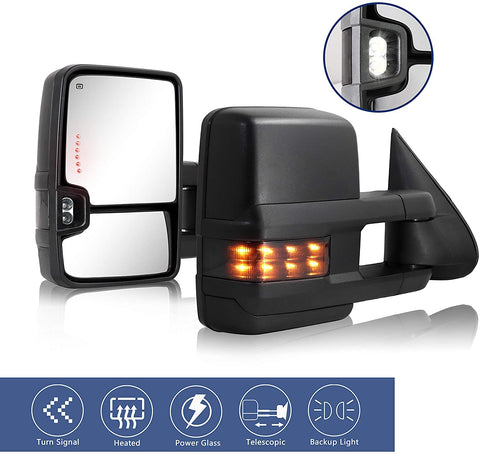 HF AUTOPARTS Towing Mirrors Compatible with 2003-2007 Chevy , Silverado Side Mirror, GMC Sierra Tow Mirrors, Pair Power Heated with Turn Signal Light Backup Lamp Extendable Pair Set