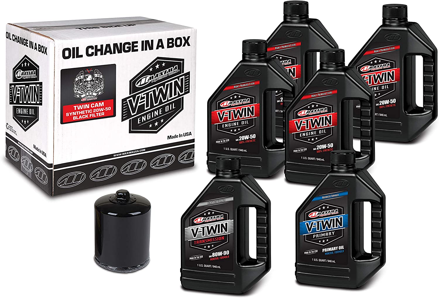 Maxima Racing Oils 90-119016B Black 90-119016B Twin Cam Synthetic 20W-50 Black Filter Complete Oil Change Kit, 6 Quart, 1 Pack