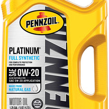Pennzoil Platinum Full Synthetic Motor Oil (SAE, SN) 0W-20, 5 Quart - Pack of 1