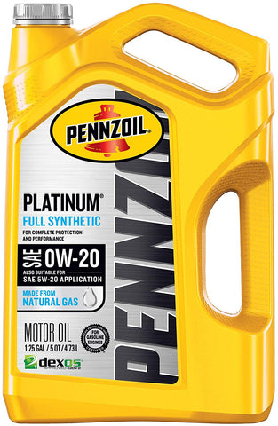 Pennzoil Platinum Full Synthetic Motor Oil (SAE, SN) 0W-20, 5 Quart - Pack of 1