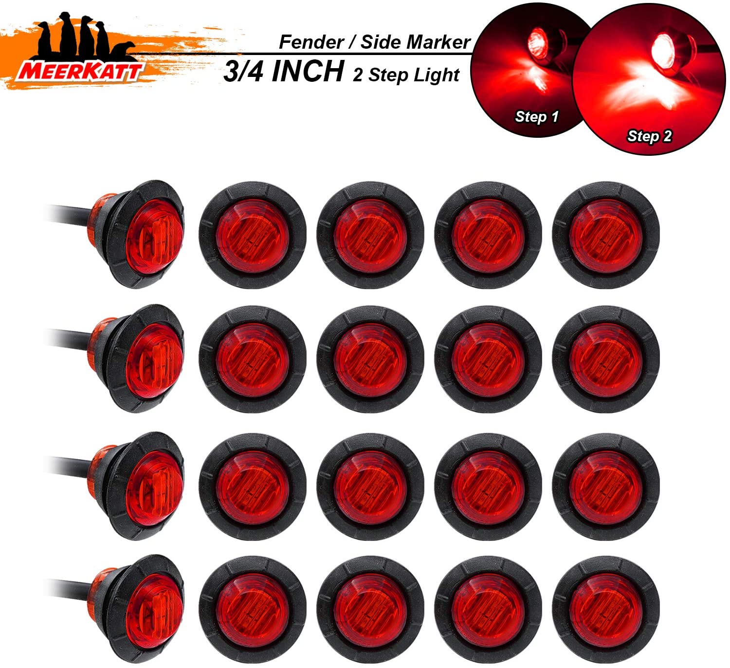 Meerkatt (Pack of 20) 3/4 Inch Small Red 3 Diodes Round Side Marker Clearance Lamp Parking Brake LED Bullet with Grommets for Van RV Bus Trailer Lorry Truck ATV Jeep 12V DC Long Lasting Lights 3led-HL