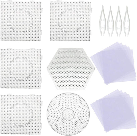 5 mm 6 Pack Fuse Beads Boards Seasonsky Large Round Square Clear Plastic Pegboards with 4 PCS White Beads Tweezers, 20 PCS Ironing Paper for Kids Craft Supplies