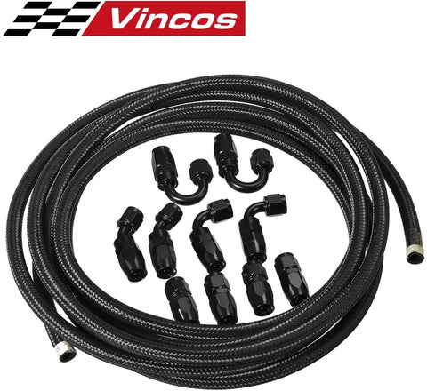 Vincos 16Ft 6 an AN6 Nylon and Stainless Steel Braided Oil Gas Fuel Hose Fuel Line + 10pcs 6an Hose Fitting Kit Black Leak Free