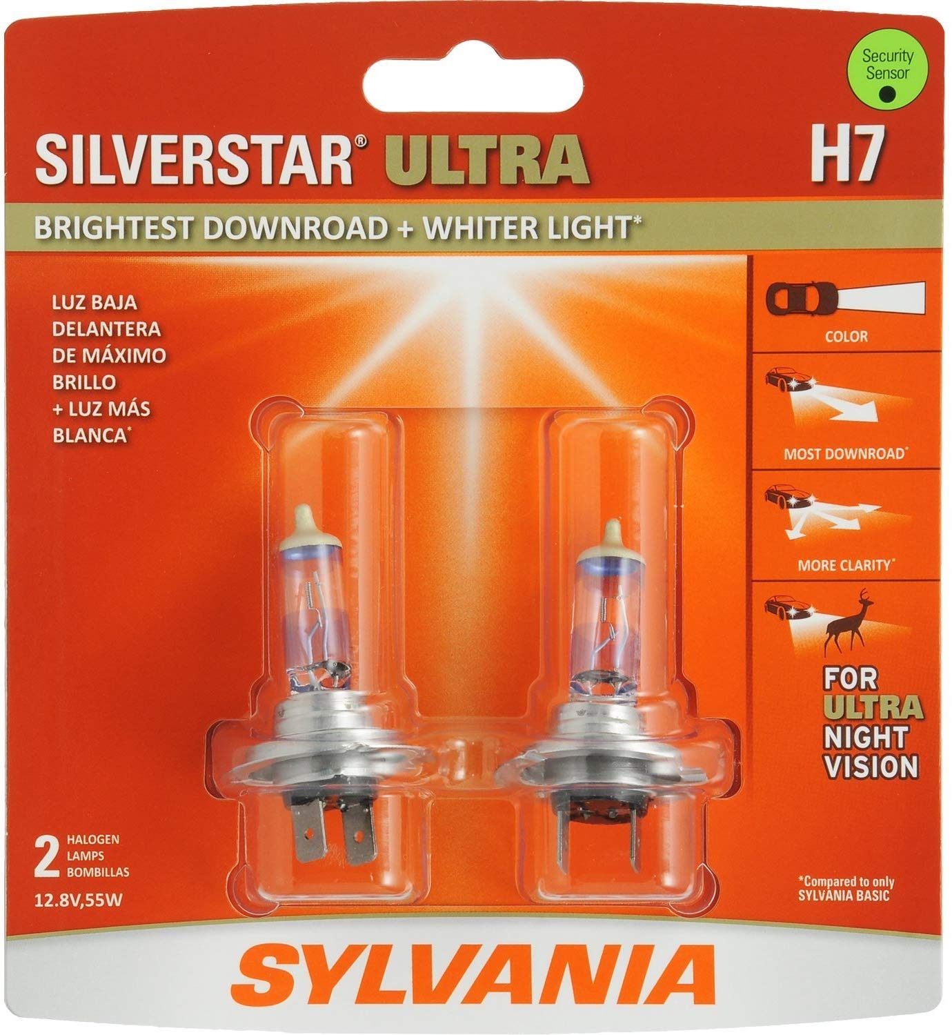 SYLVANIA - H7 SilverStar Ultra - High Performance Halogen Headlight Bulb, High Beam, Low Beam and Fog Replacement Bulb, Brightest Downroad with Whiter Light, Tri-Band Technology (Contains 2 Bulbs)