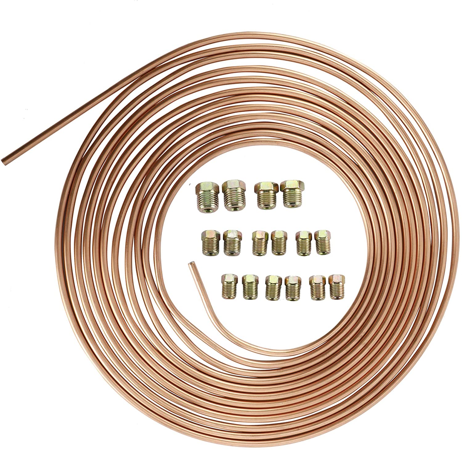 AuInLand 25 Ft. of 3/16 in Brake Line Tubing Kit, Copper-Coated Iron Break Line, Flexible Brake Coil Roll with 16 Fittings