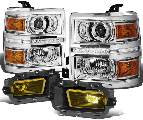 For Chevy Silverado 1500 Chrome Housing Amber Corner LED DRL Projector Headlight + Amber Lens Fog Light + Switch