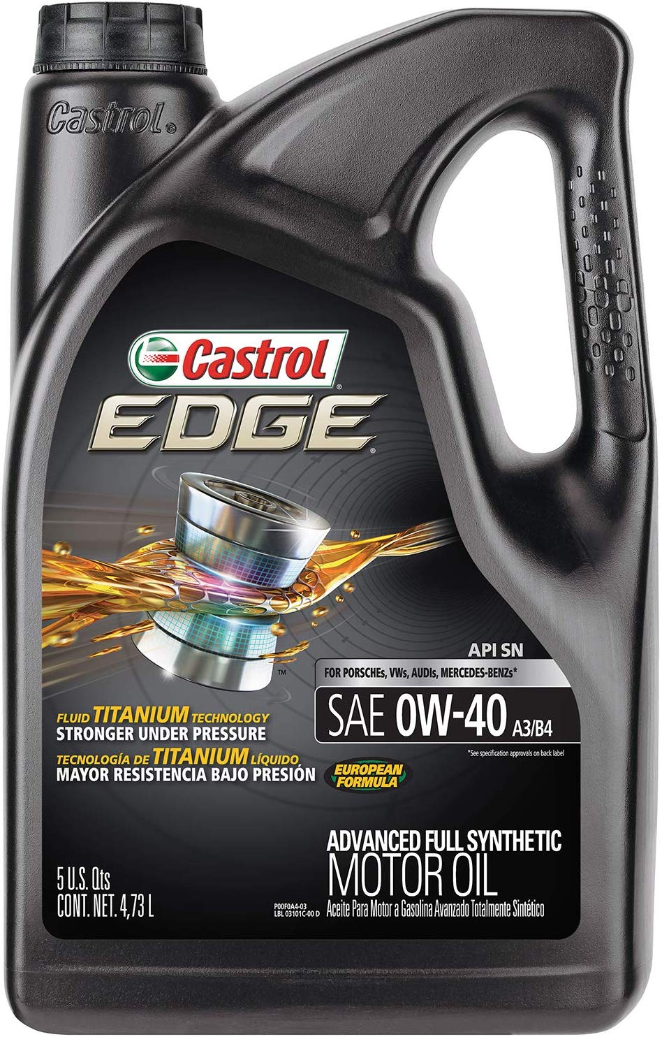 Castrol 03101 EDGE 0W-40 A3/B4 Advanced Full Synthetic Motor Oil, 5 quart, 1 pack