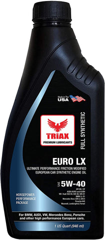 Triax Euro LX 5W-40 Full Synthetic Enhanced Performance European Car Engine Oil - Compatible with BMW LL-01, Mercedes Benz 229.5, Audi/VW 502.00, 505.01, Porsche, Ferrari (1 Quart (Pack of 6))