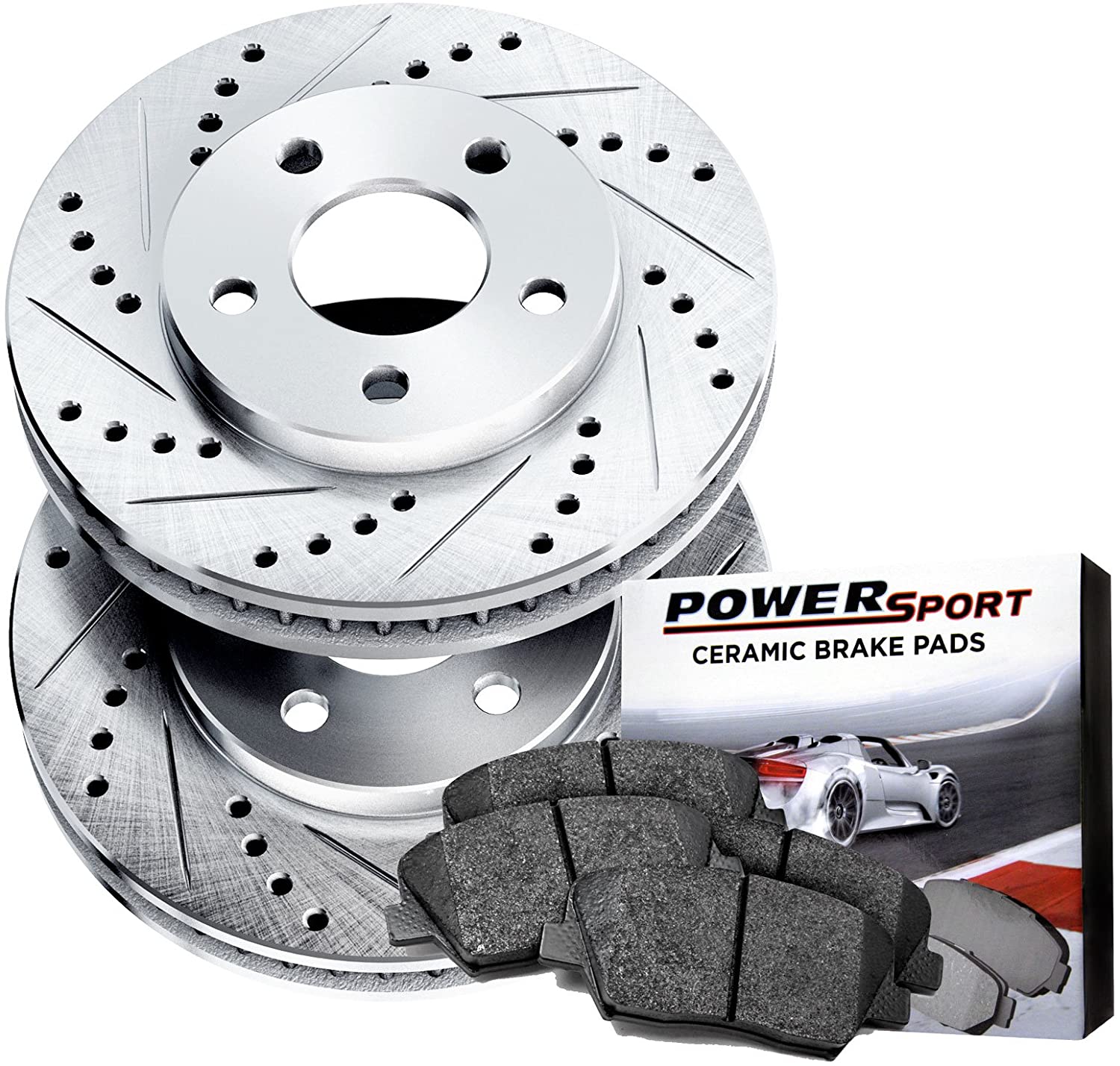 Power Sport Cross Drilled Slotted Brake Rotors and Ceramic Brake Pads Kit -81428 [FRONTS]