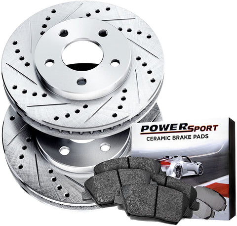 Power Sport Cross Drilled Slotted Brake Rotors and Ceramic Brake Pads Kit -81347 [FRONTS]
