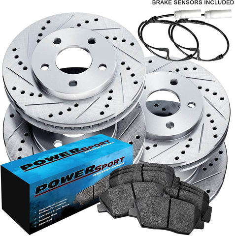 Fit BMW 335xi, 335i, 335d Front Rear Drill Slot Brake Rotors Kit+Ceramic Brake Pads