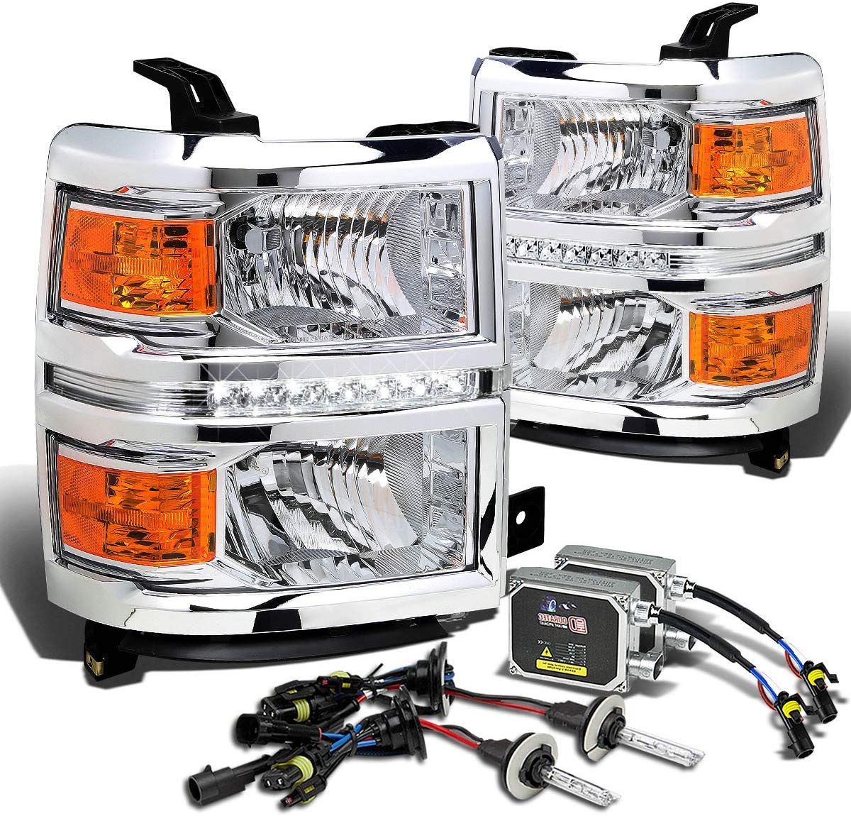 For Chevy Silverado GMT K2XX LED Headlight+4,300K H11 HIDs+Thick Ballasts (Chrome Housing Amber Reflector)