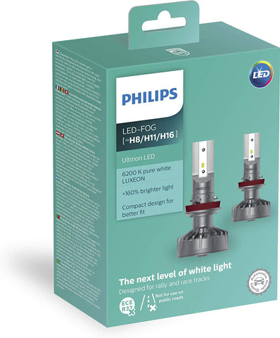 Philips Ultinon LED H8 / H11 / H16 Bulbs Set of 2x Bulbs 6200K +160% PX26d 11366ULWX2