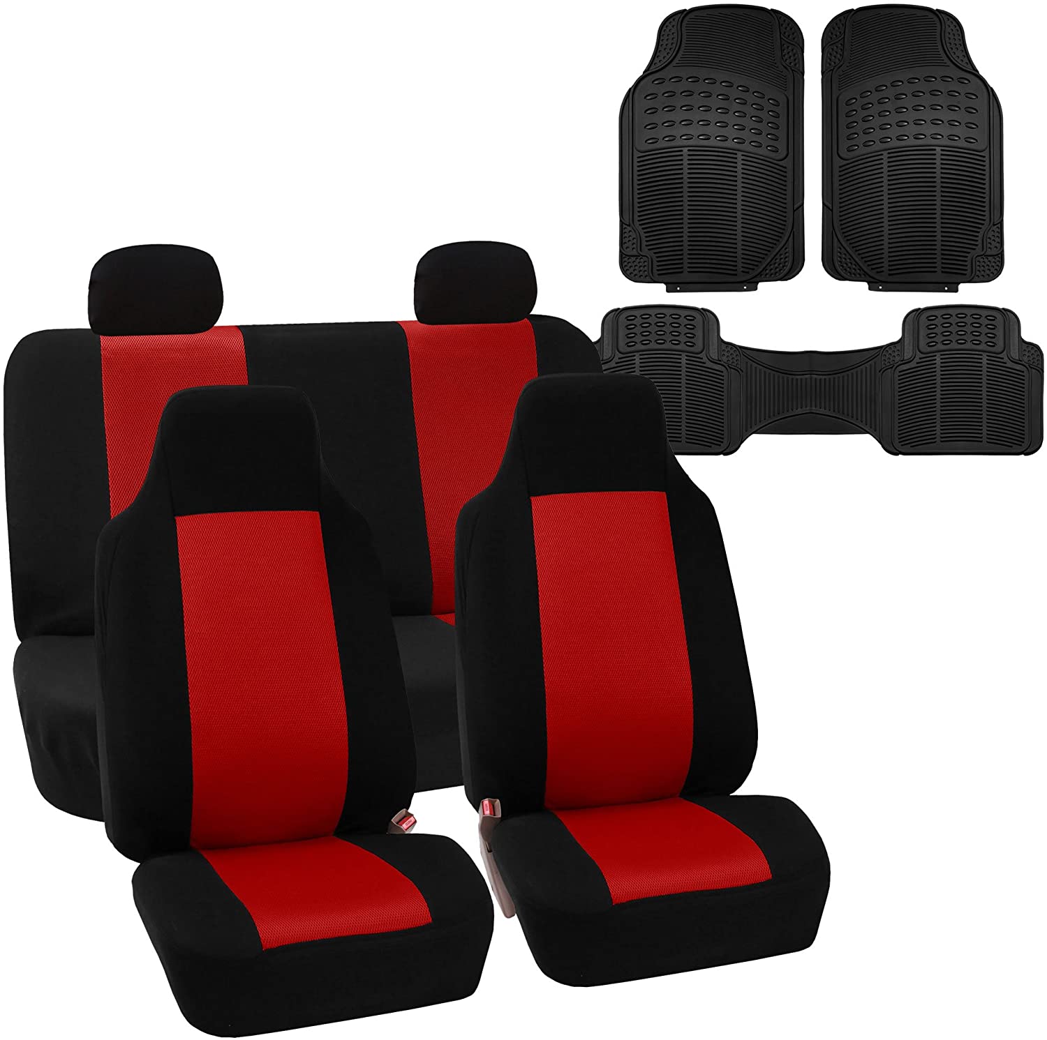 FH Group FH-FB102114 Full Set Classic Cloth Car Seat Covers Red/Black Color with F11306 Vinyl Floor Mats- Fit Most Car, Truck, SUV, or Van (Red)