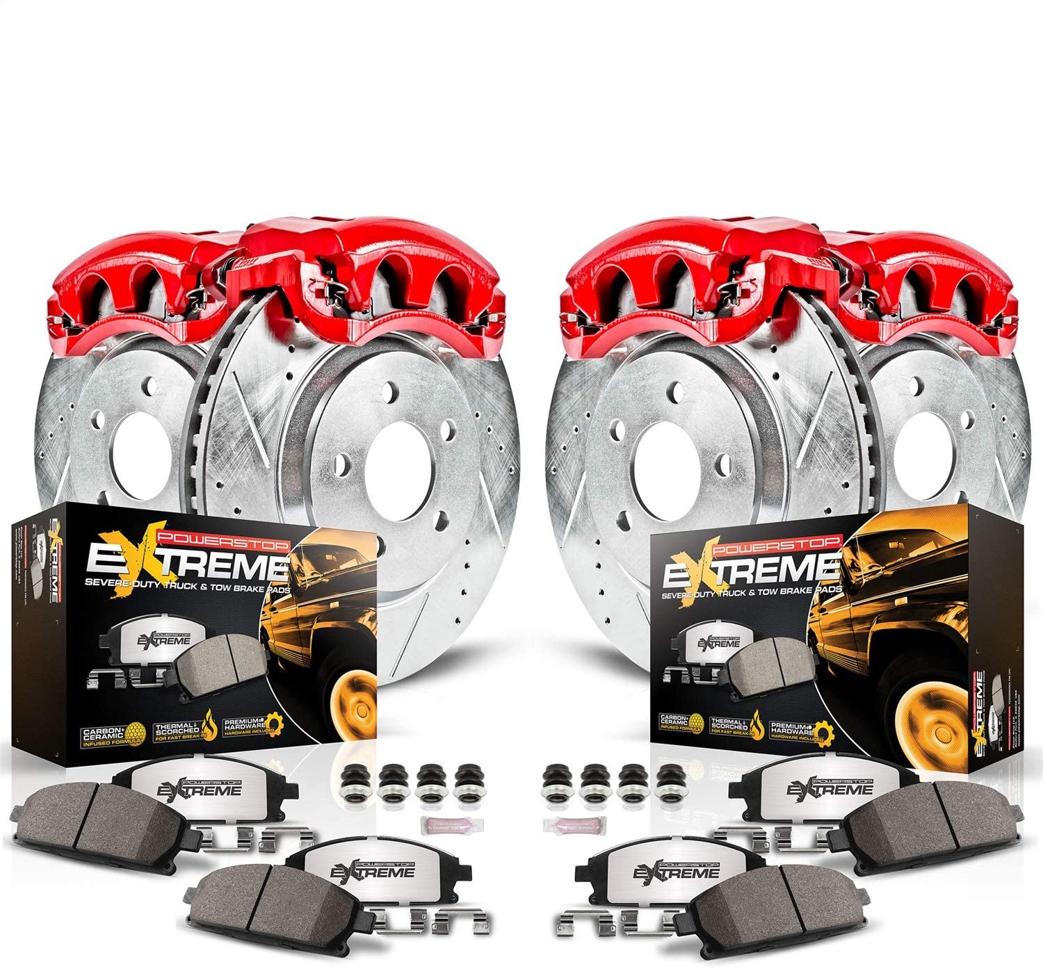 Power Stop KC2154-36 Z36 Truck & Tow Front and Rear Caliper Kit-Drilled/Slotted Brake Rotors, Carbon-Fiber Ceramic Brake Pads, Calipers