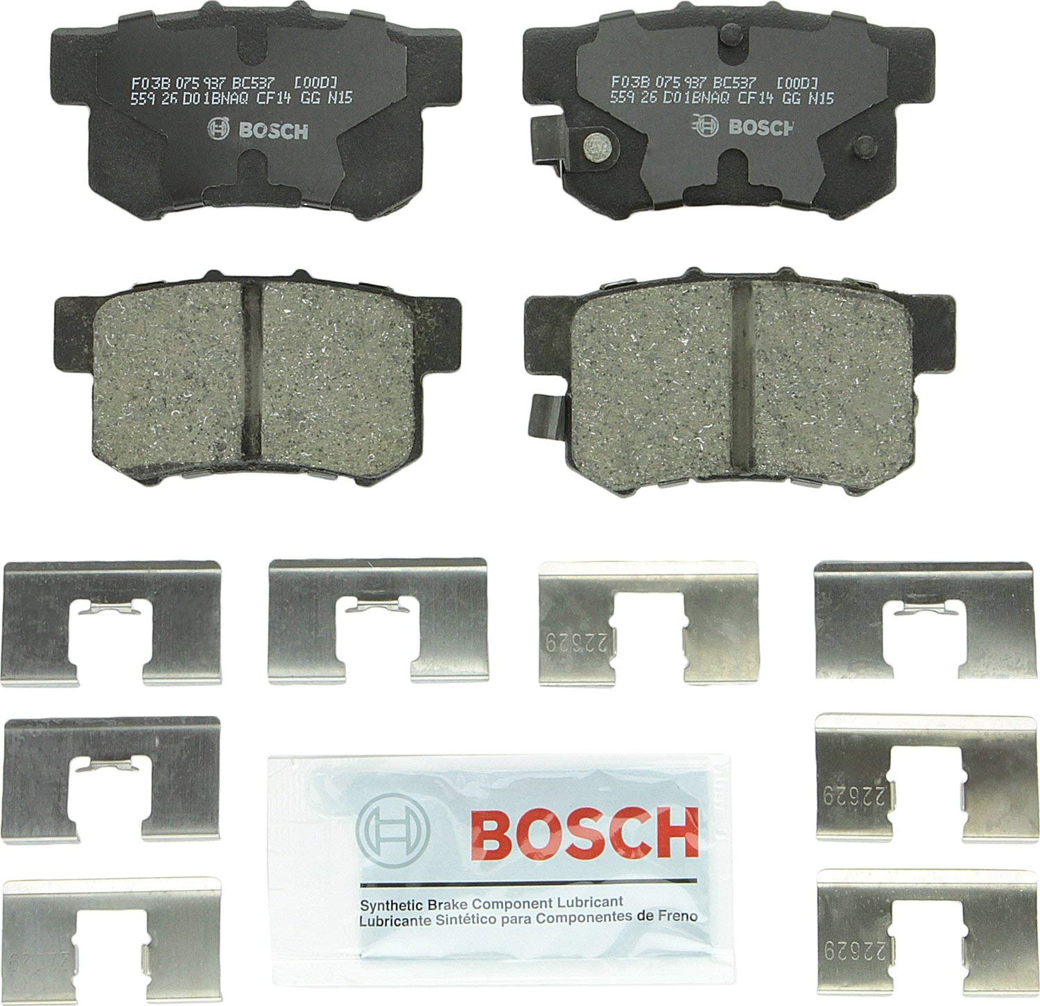 Bosch BC537 QuietCast Premium Ceramic Disc Brake Pad Set For: Acura CL, CSX, ILX, RSX, TL, TSX, Vigor; Honda Accord, Civic, CR-Z, Prelude, S2000; Suzuki Kizashi, SX4, Rear