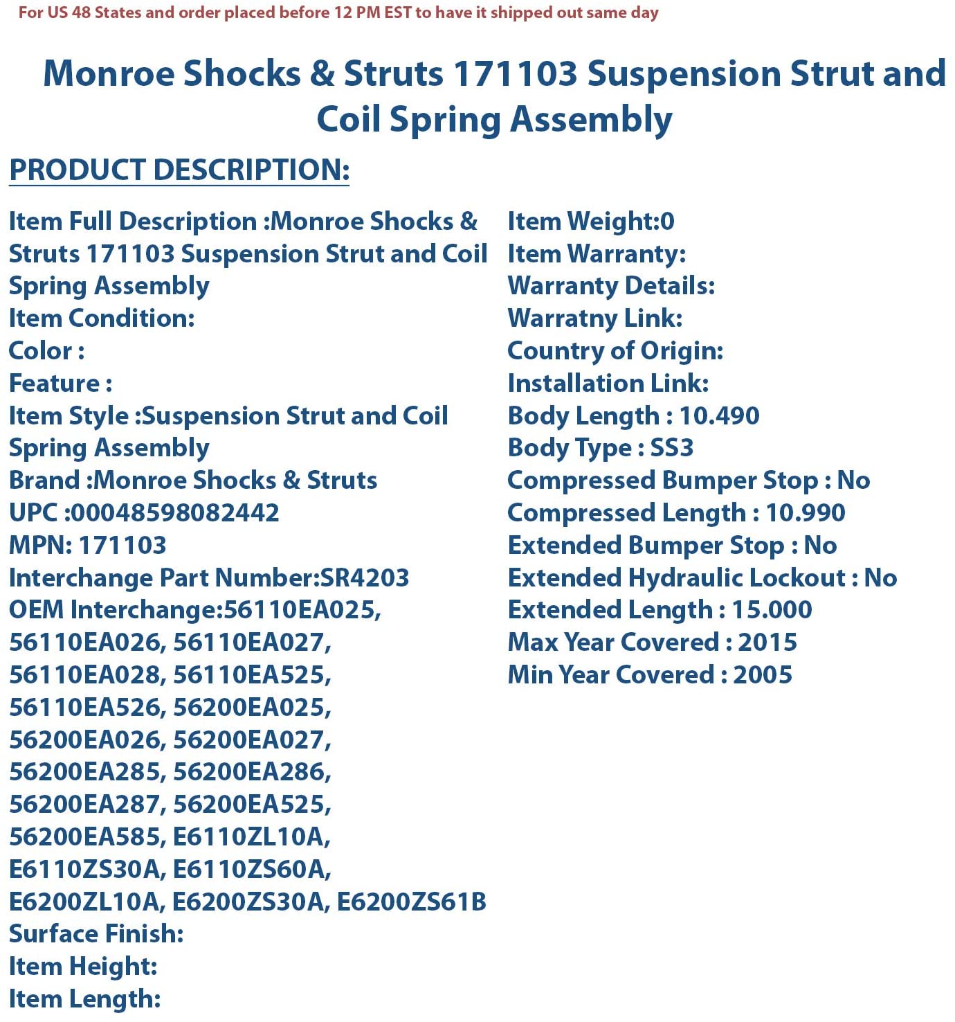 Monroe 171103 Monroe Quick-Strut Complete Strut Assembly