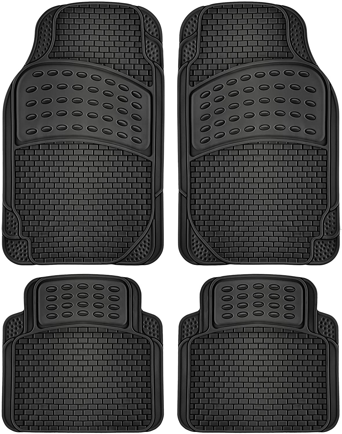 OxGord Brick-Style All-Weather Rubber Floor-Mats - Waterproof Protector for Spills, Dog, Pets, Car, SUV, Minivan, Truck - 4-Piece, Black