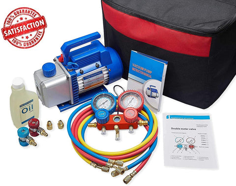 NewPosition 4CFM 1/3HP Air Vacuum Pump HVAC A/C Refrigeration Tool Kit AC,Auto Repair Equipment, Manifold Gauge Set(R134A R22),Coupler Valve, 3 Hoses, Ideal for Food Packaging,Milking,Medical etc