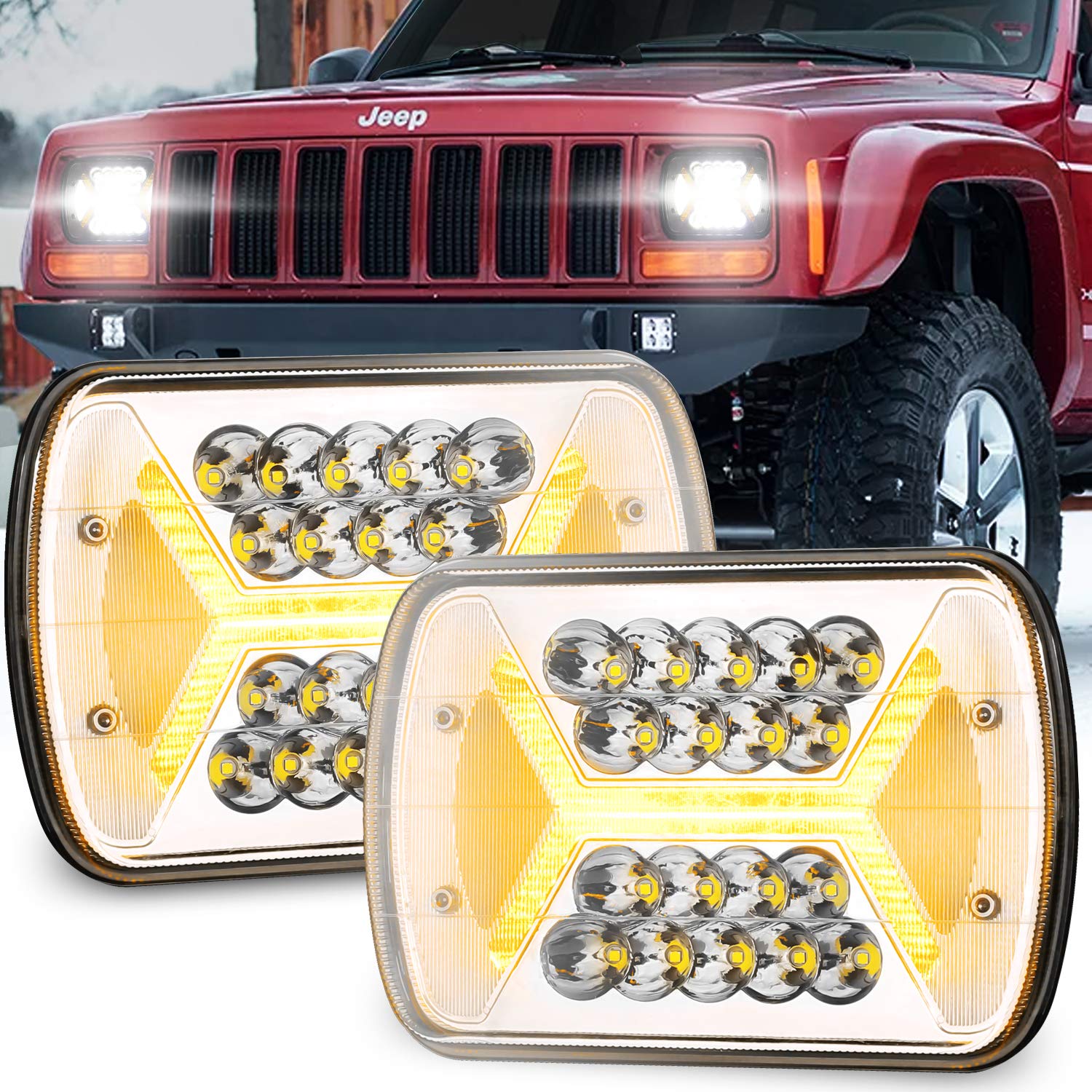 Yorkim Upgrated Newest 5x7 LED Headlights H6054 Headlight 7x6 inch Sealed Beam Square Headlamp with High Low Beam Dot Lights for Jeep Wrangler YJ Cherokee XJ 6054 H5054 H6054LL 6052 6053, Pack of 2