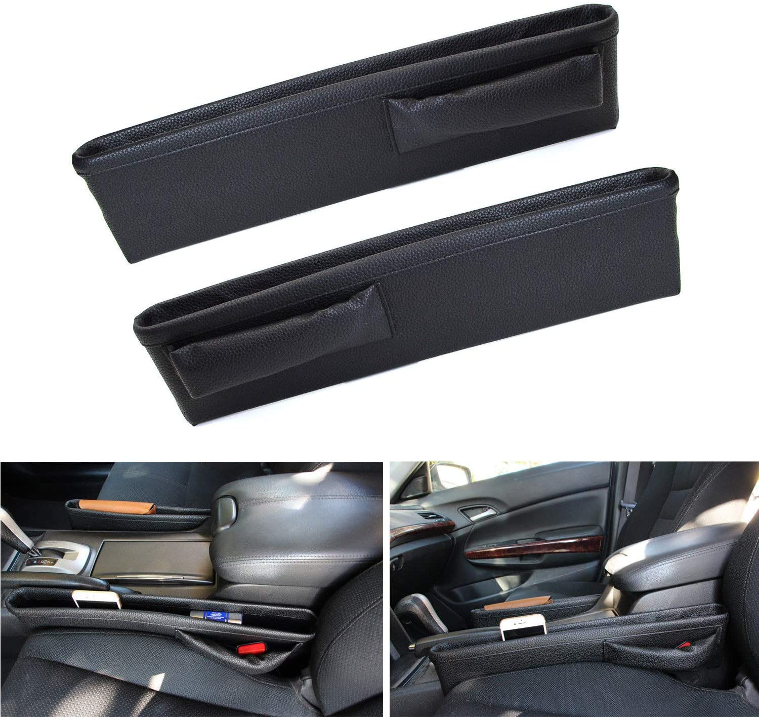 iJDMTOY (2) Black Leather Extra Long Car Side Pocket Organizers, Seat Catcher Holders Compatible With Key, Wallet, Phone, Sunglasses, etc