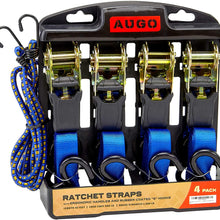 Ratchet Tie Down Straps - 4 Pk - 15 Ft- 500 Lbs Load Cap- 1500 Lb Break Strength- Cambuckle Alternative- Cargo Straps for Moving Appliances, Lawn Equipment, Motorcycle - Includes 2 Bungee Cord