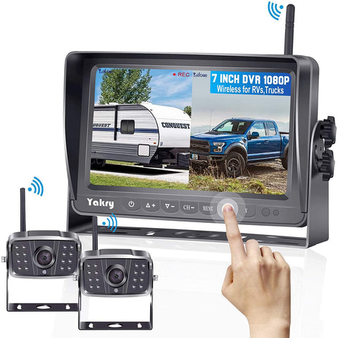 Yakry Y28 FHD 1080P Digital Wireless 2 Backup Camera for RVs,Trailers,Trucks,Motorhomes,5th Wheels 7'' Touch Key Monitor with Recording DVR Highway Monitoring System Super Night Vision
