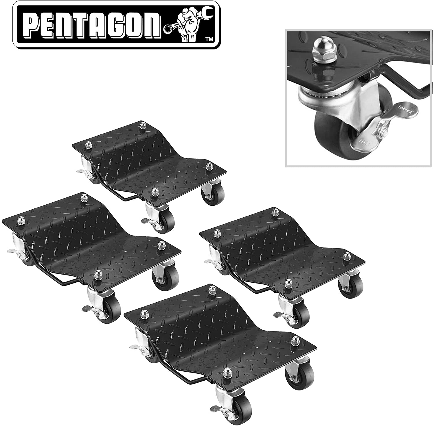 Pentagon Tool | Premium 4-Pack | Car Tire Dolly - Tire Skates | 1,500 lbs Rating | Black