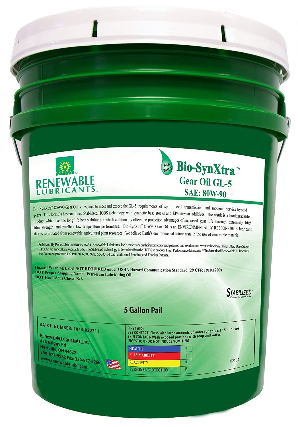 Renewable Lubricants Bio-SynXtra GL-5 Gear Lubricant, 5 Gallon Pail