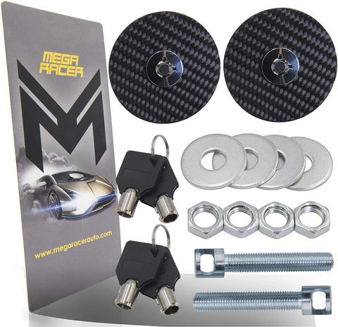 Mega Racer Universal 100% Carbon Fiber Front Hood Latch Pin Key Locking Kit Black Racing Sport Mount Bonnet Nismo Auto Sedan Coupe