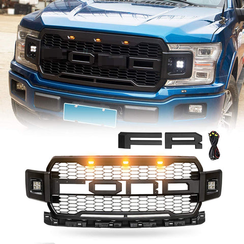 VZ4X4 Black Replacement Grille ABS Front Mesh Grill Fit for 2018 2019 2020 Ford F-150 with 3 Amber LED Lights with Wiring Harness Kits and 2 Side LED Lights, Replaceable Letters