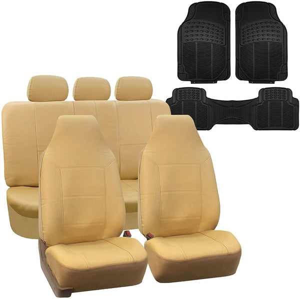 FH Group PU103115 Royal Leather Seat Covers (Black) + Trimmable Vinyl Car Floor Mats (Black) Full Set - Universal Fit for Cars, Trucks & SUVs