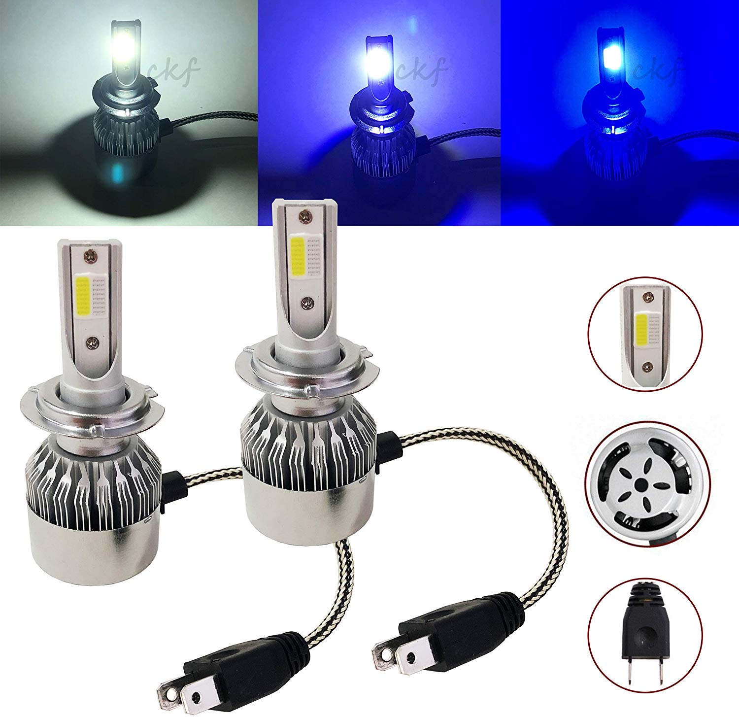 CK Formula (3 Colors in 1 Bulb) H7 6000K White 8000K 10000K Deep Blue Xenon COB LED (High Beam Headlight) 7600 LM 72W US