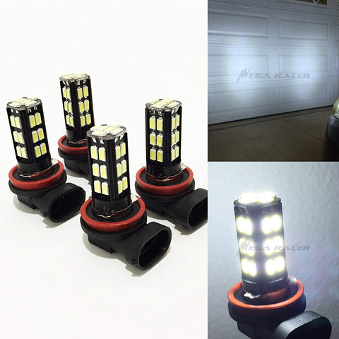 Mega Racer Pack of 4 H11 Bright Chip LED 30-SMD Canbus (FOG LAMP) Super Cool White 6000K Headlight Bulb - Xenon Light