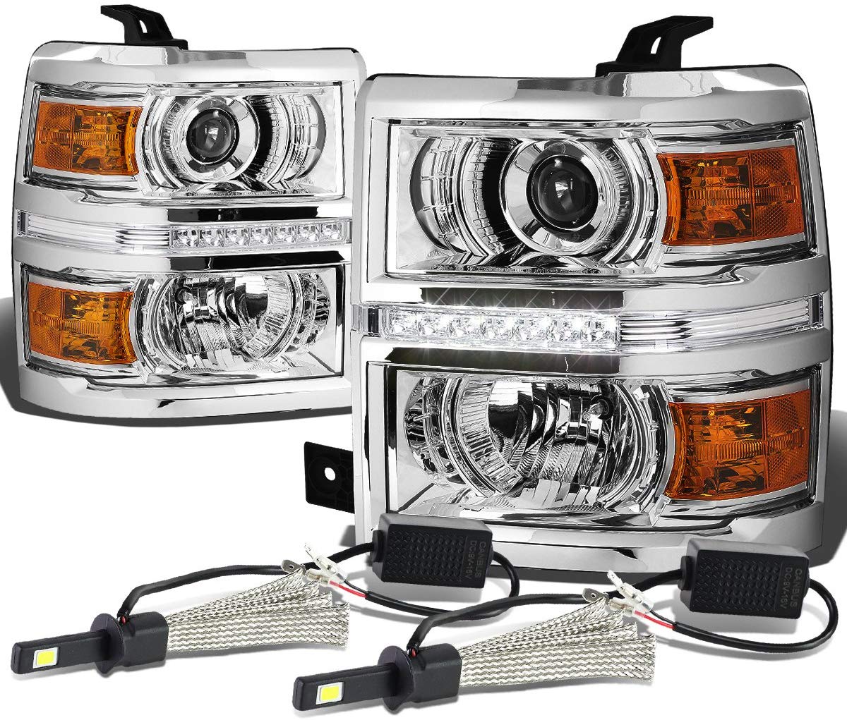 For Chevy Silverado GMT K2XX Chrome Housing Projector LED Headlight W/Amber Signal + H1 LED Conversion Kit