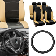 FH GROUP FH-PU103115 High Back Royal PU Leather Beige/Black Seat Covers (Airbag compatible & Split) W. FH2006 Microfiber Embossed Leather Black Steering Wheel Cover-Fit Most Car, Truck, Suv, or Van