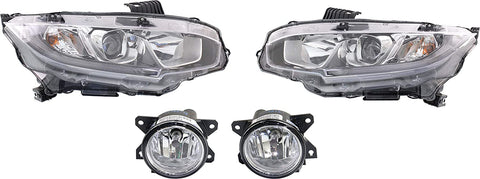 Auto Light Kit Compatible with 2016-2018 Honda Civic Passenger and Driver Side, with Fog Light and Headlight Set of 4
