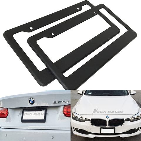 Mega Racer (Set of 2) JDM Style Matte Black License Plate Frame (Front and Rear) Plastic Cover Holder Tag Auto Car Truck SUV RV Van