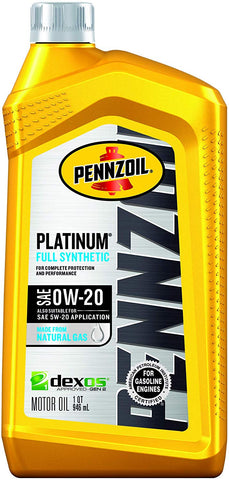 Pennzoil Platinum Full Synthetic Motor Oil (SAE, SN) 0W-20, 1 Quart - Pack of 6