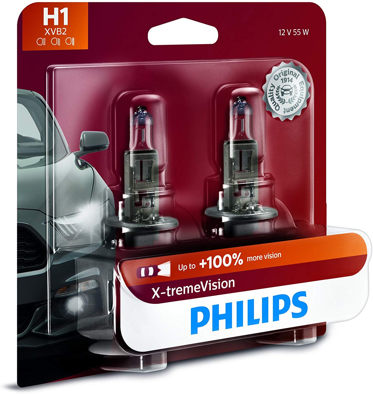 Philips H1 X-tremeVision Upgrade Headlight Bulb with up to 100% More Vision, 2 Pack