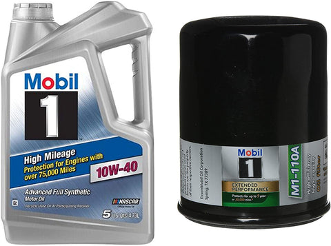 Mobil 1 High Mileage Full Synthetic Motor Oil 10-W-40, 5-Quart, Single Bundle M1-110A Extended Performance Oil Filter, 1-Count