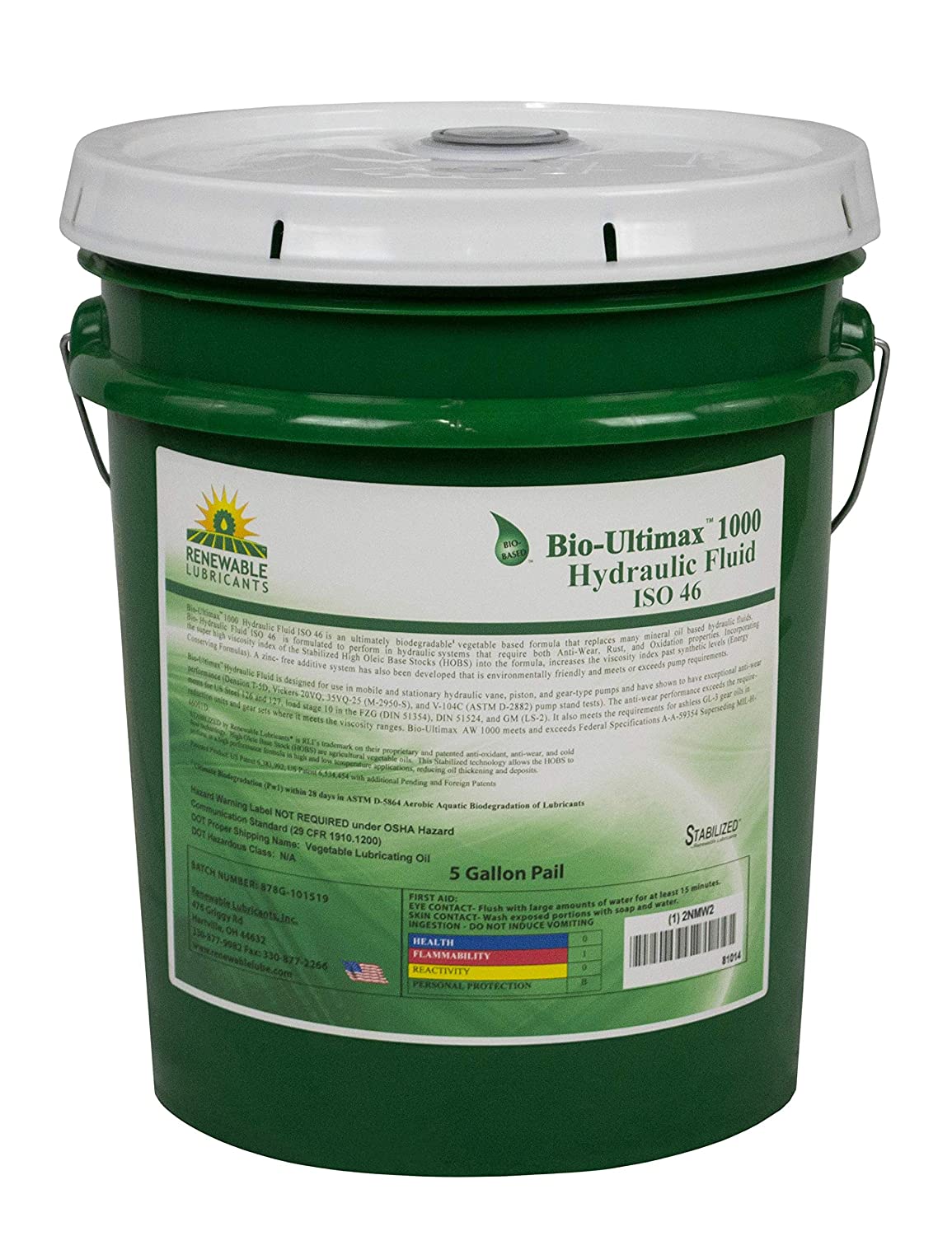 Renewable Lubricants Bio-Ultimax 1000 ISO 46 Hydraulic Lubricant, 5 Gallon Pail