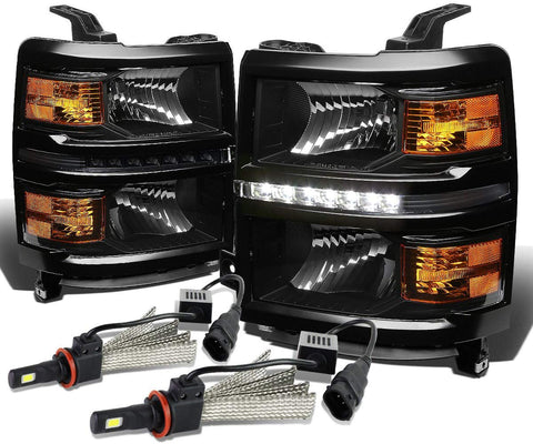 For Chevy Silverado Pair of GMT K2XX Black Housing LED Headlight W/Amber Signal + H8 LED Conversion Kit