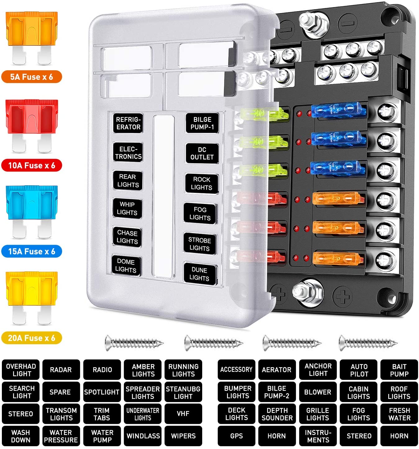 Nilight 12 Way Blade Fuse Block 12 Circuits with Negative Bus Fuse Box Holder with LED Indicator ATO/ATC Fuse Panel Waterproof Cover for 12V Automotive Cars Marine Boats,RVs,Trailers,2 Years Warranty