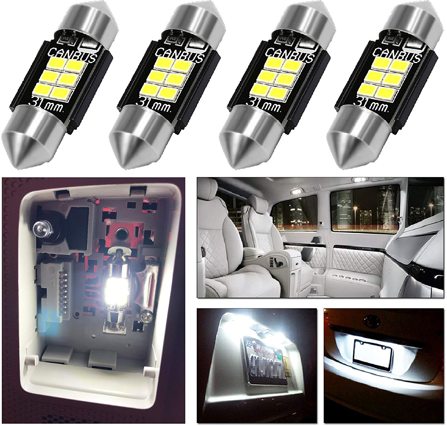 LED Monster 4pcs 31mm Festoon 12-SMD LED Interior Dome Map Lights 3022 3021 DE3022 DE3175, White