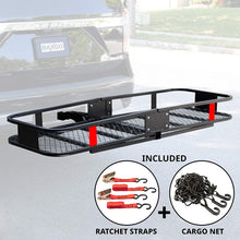 RaxGo Hitch Mount Cargo Carrier Set with 60” x 20” x 6” Steel Hitch Hauler Basket, Elastic Cargo Net with Attachment Hooks, Two Water-Resistant Ratchet Straps & Two Regular Straps [500 Pound Capacity]