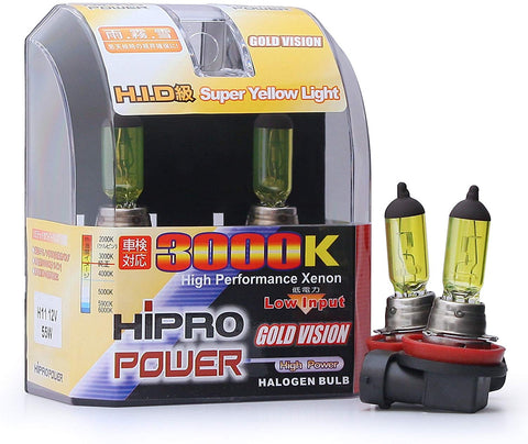 Hipro Power H11 3000K 55Watt Golden Yellow Xenon HID Halogen Headlight Bulbs - Low Beam