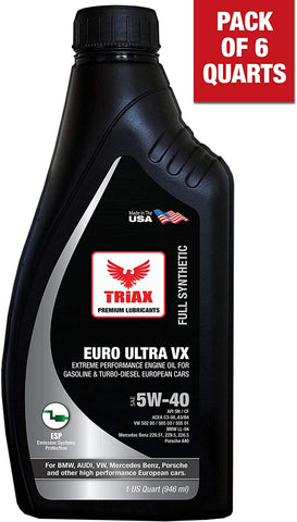 TRIAX EURO ULTRA VX 5W-40 Full Synthetic Long Drain - European Car - Compatible with ACEA C3, BMW LL-04, MB 229.51, 229.31, 229.61, PORSCHE A40, VW 505.00, 502.00 - Diesel and Ga (1 Quart (Pack of 6))